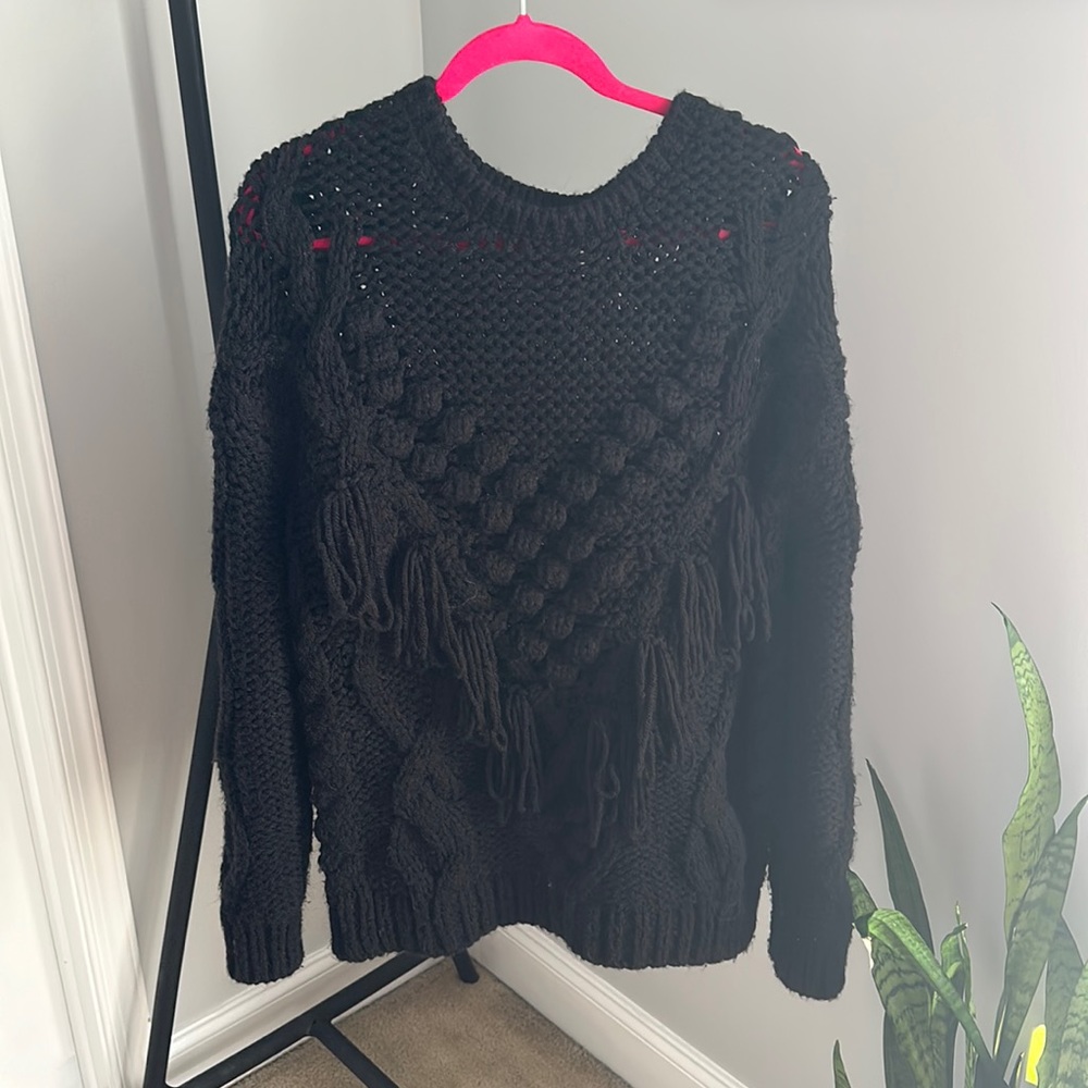 Zara Black Knit Oversized Pom Fringe Sweater Size Small